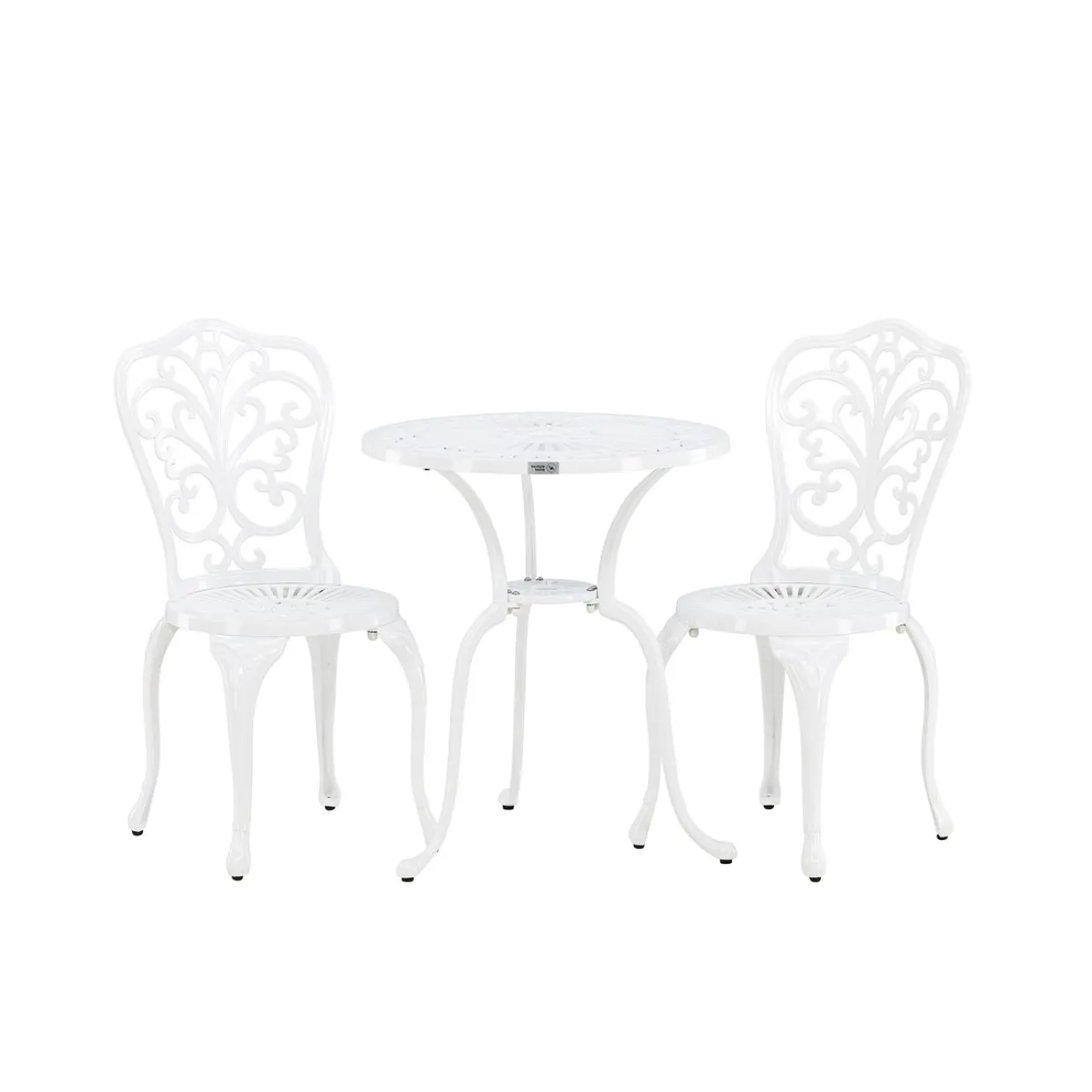 Nandin Klassisk Cafégrupp med Runt Bord & 2 Stolar i Aluminium, Vit