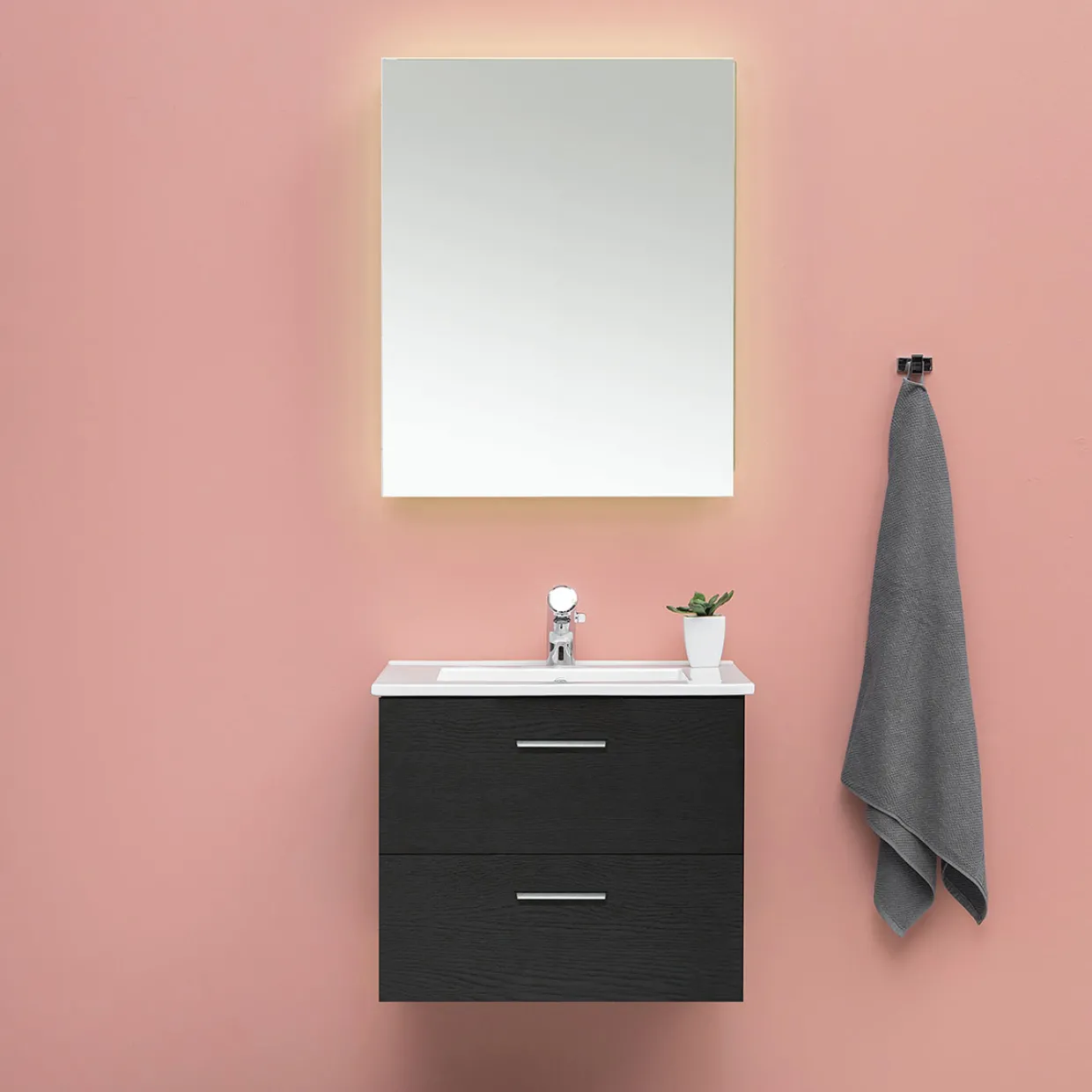 Slim Svart Ek 60 med Lådor och Spegel Luna LED