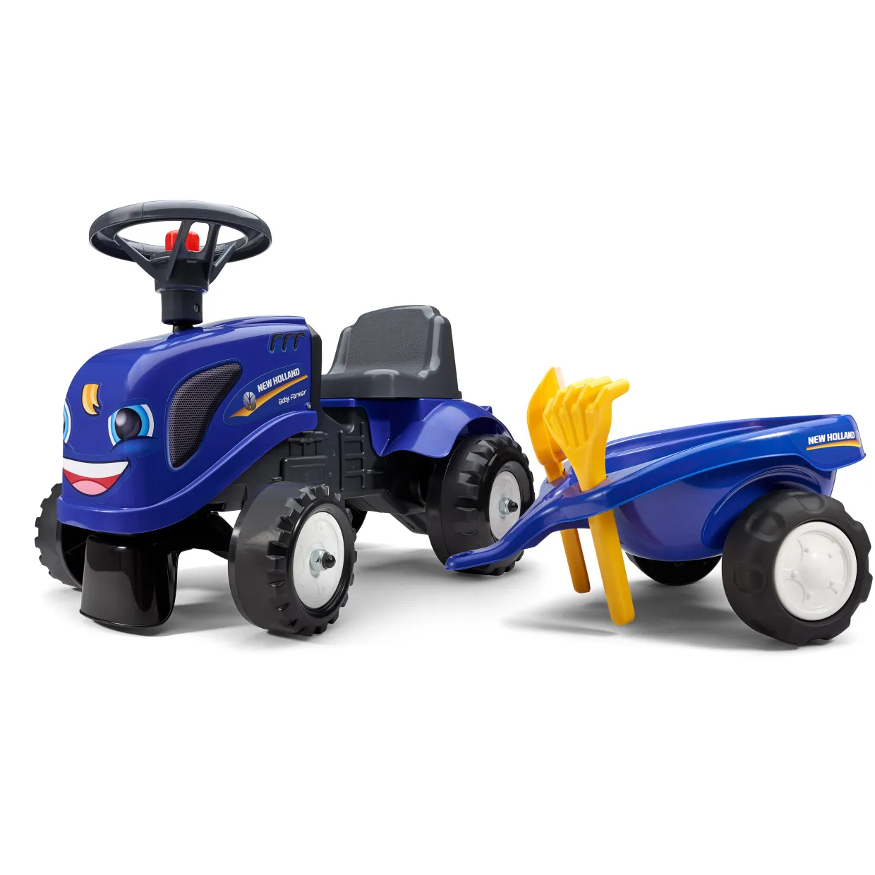 Traktor med trailer, kratta och skyffel Baby New Holland